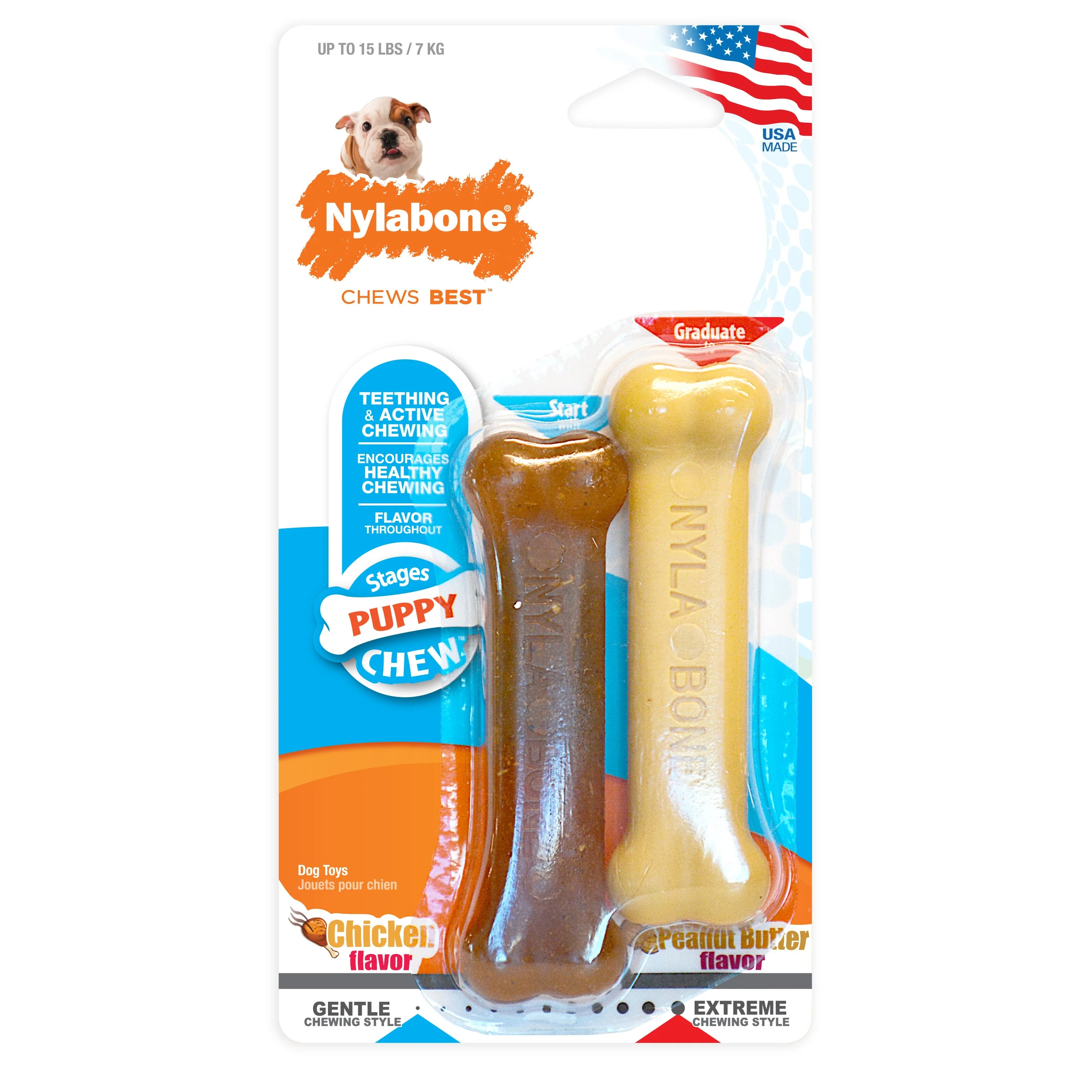 Nylabone Classic Puppy Chew Flavored Durable Dog Chew Toy Chicken Peanut Butter, 1ea/XS/Petite Up To 15 Lbs. 2 ct