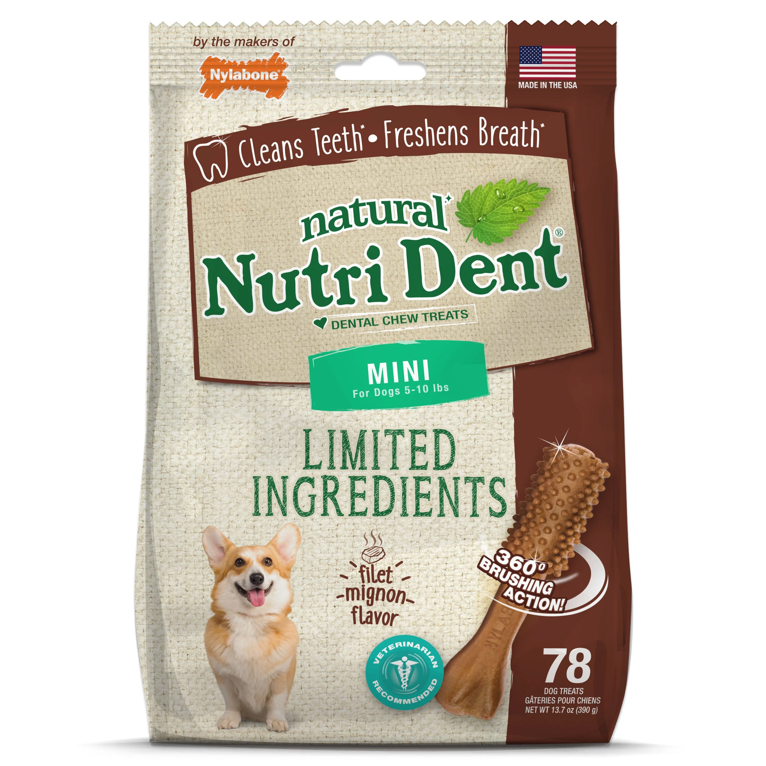 Nylabone Nutri Dent Filet Mignon Dog Dental Chews Filet Mignon, 1ea/Mini 5 Lbs. To 10 Lbs. 78 ct