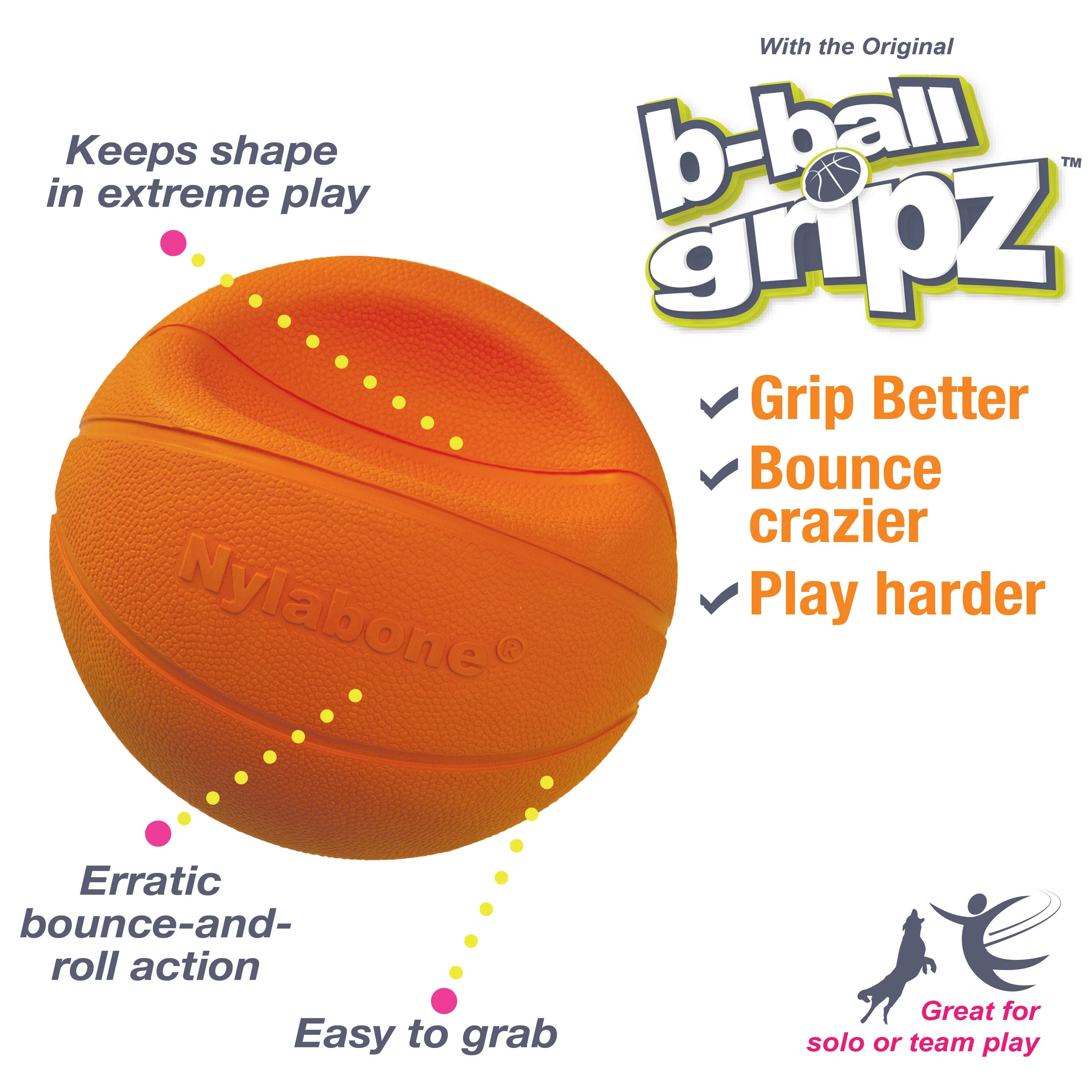 Nylabone Power Play Dog Basketball BBall Gripz 1ea/Medium/Wolf  Up To 35 Lbs. 4.5 in 1 ct - Image 2