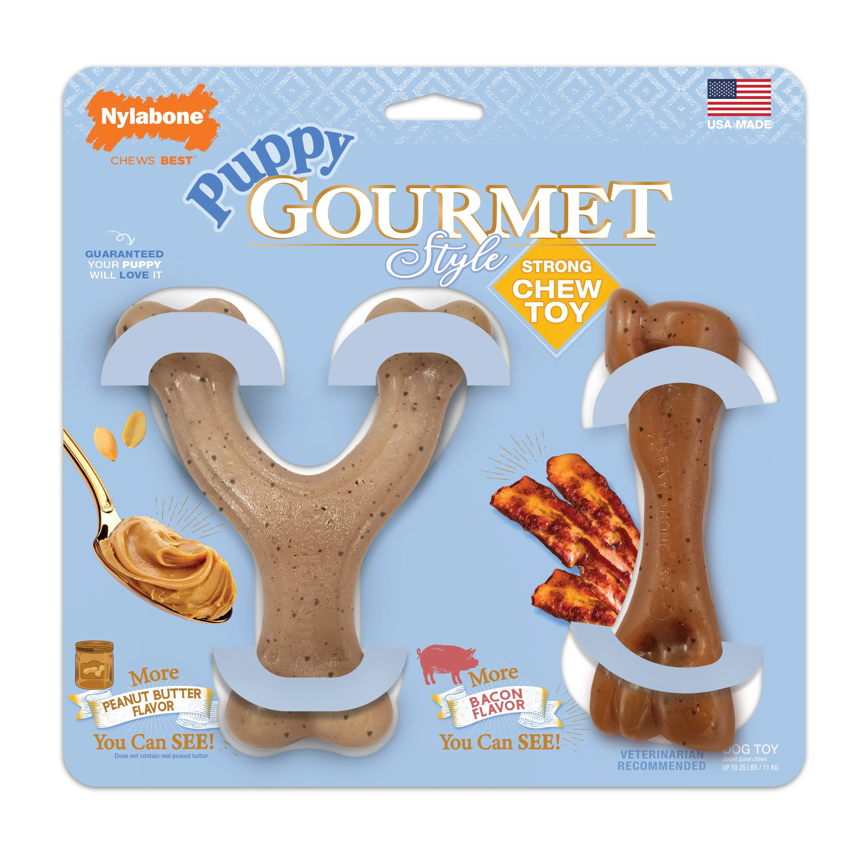 Nylabone Gourmet Style Puppy Chew Toy Twin Pack Peanut Butter Bacon, 1ea/SMall/Regular Up To 25 Ibs. 2 ct