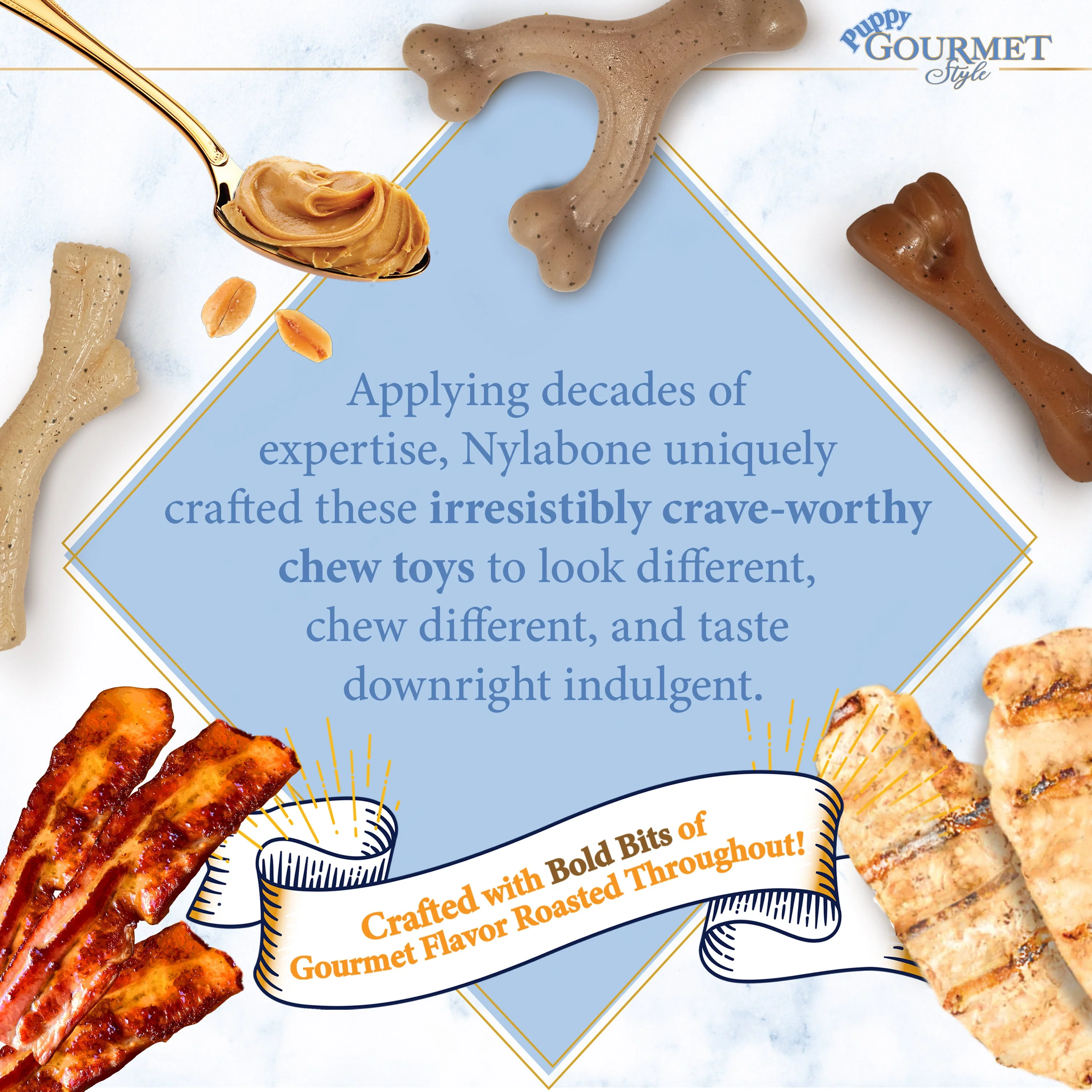Nylabone Gourmet Style Puppy Chew Toy Twin Pack Peanut Butter Bacon, 1ea/SMall/Regular Up To 25 Ibs. 2 ct - Image 5